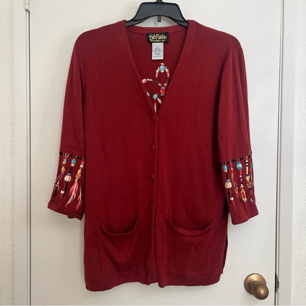 Bob Mackie Embroidered Cardigan Large Beaded Sleeves Dark Orange Dreamcatcher